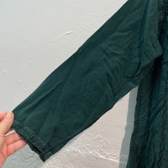 L Pogee Womens Button U Top Long Sleeve Embroidered Boho Blouse Green Tie Back - Picture 8 of 11